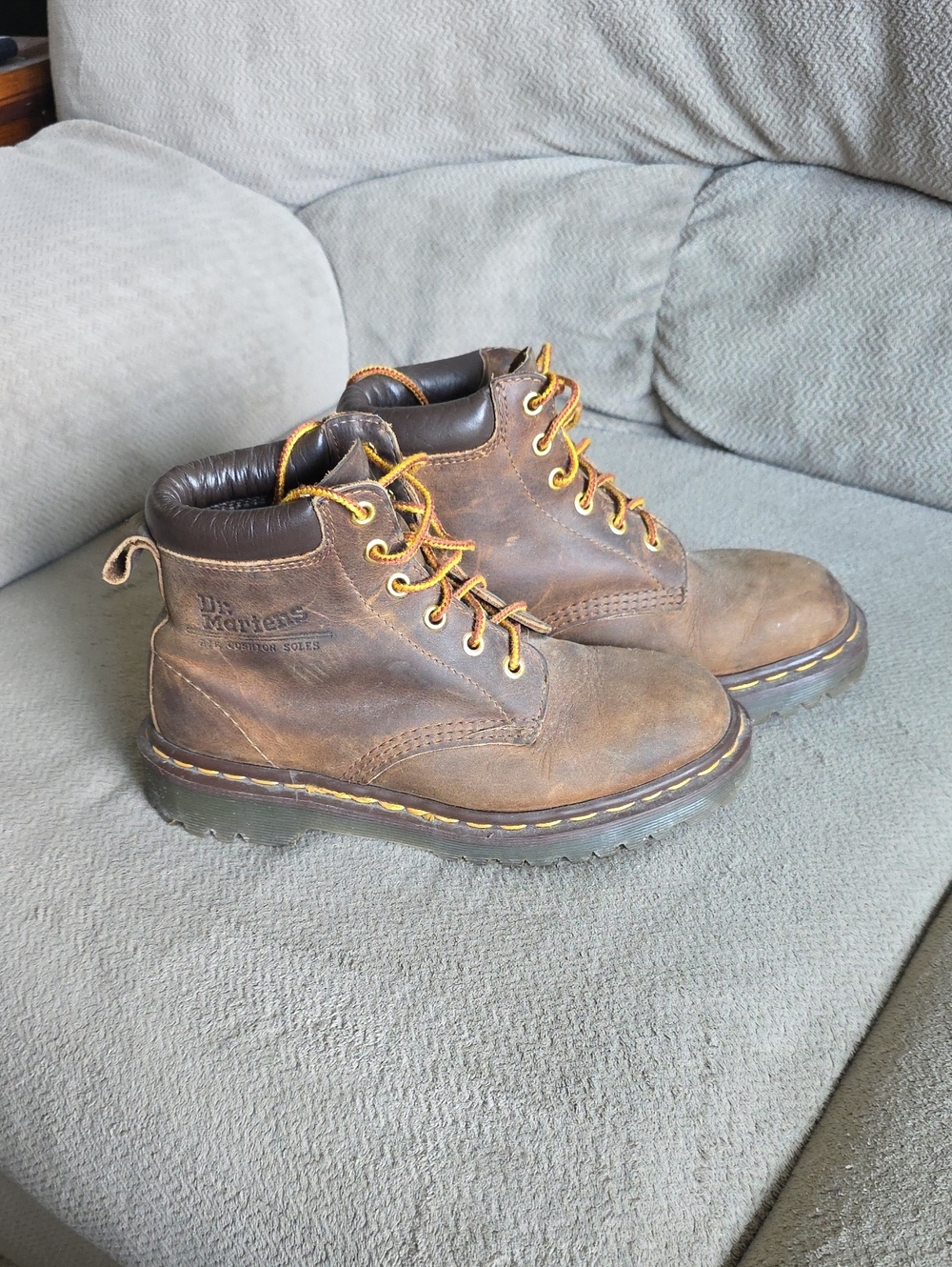 Vintage Dr. Martens Brown Leather Lace-Up Work Boots with Yellow Stitching